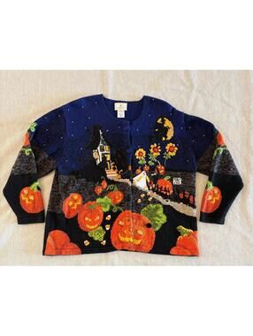 Vtg Susan Bristol Halloween Knit Cardigan Sweater 1999 Plus 1W Hand Embroidered